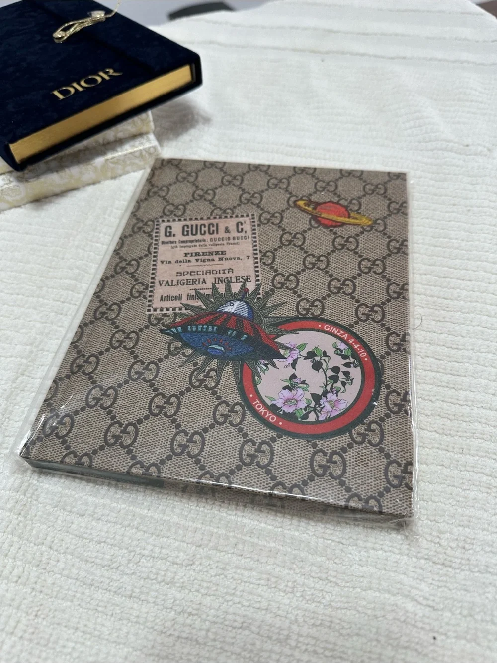 Gucci Brown GG Supreme Canvas Notebook Cover with Multicolor Graphic Accents
